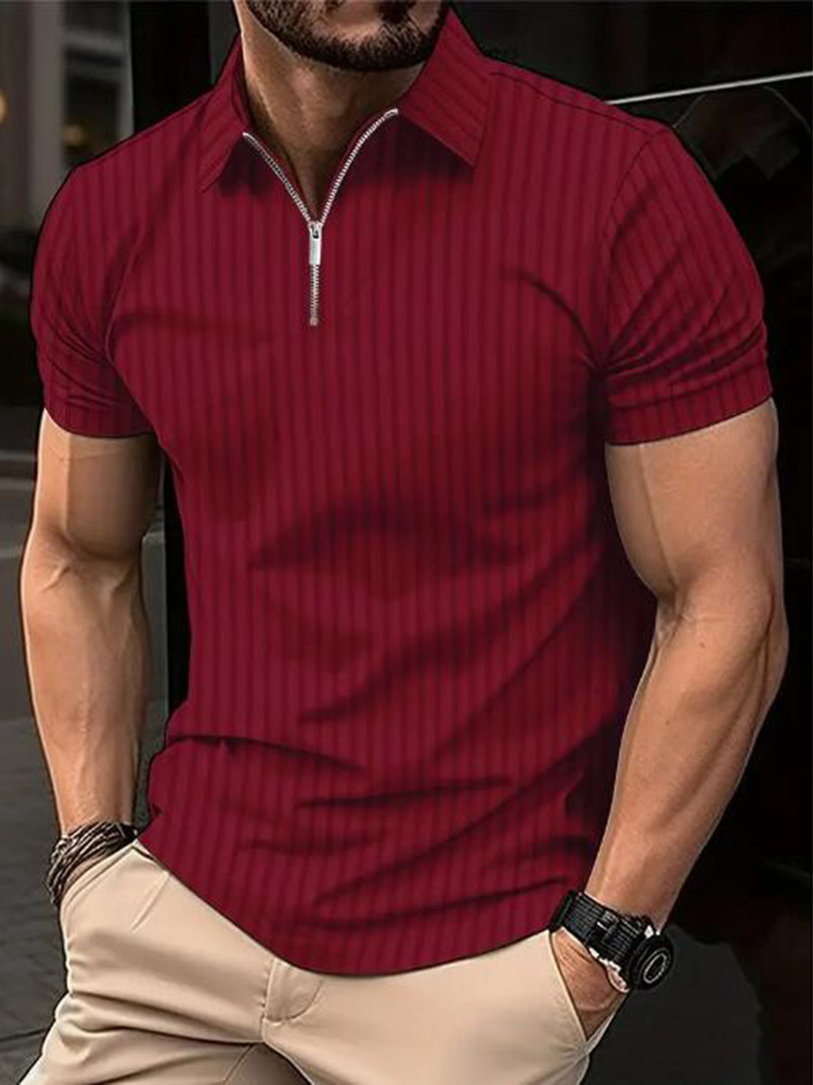Camiseta Polo informal de negocios ligera de manga corta a la a rayas de verano para hombre, camiseta de manga corta de oficina elástica sólida con media cremallera: XL / Oro