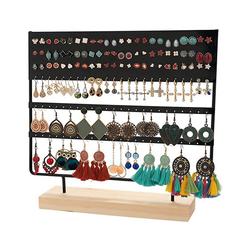 Earring Stand Display Rack 3-Tier Ear Stud Holder Jewelry Organizer Ear Stud Earring Holder 144 Holes with Wood Base: Default Title
