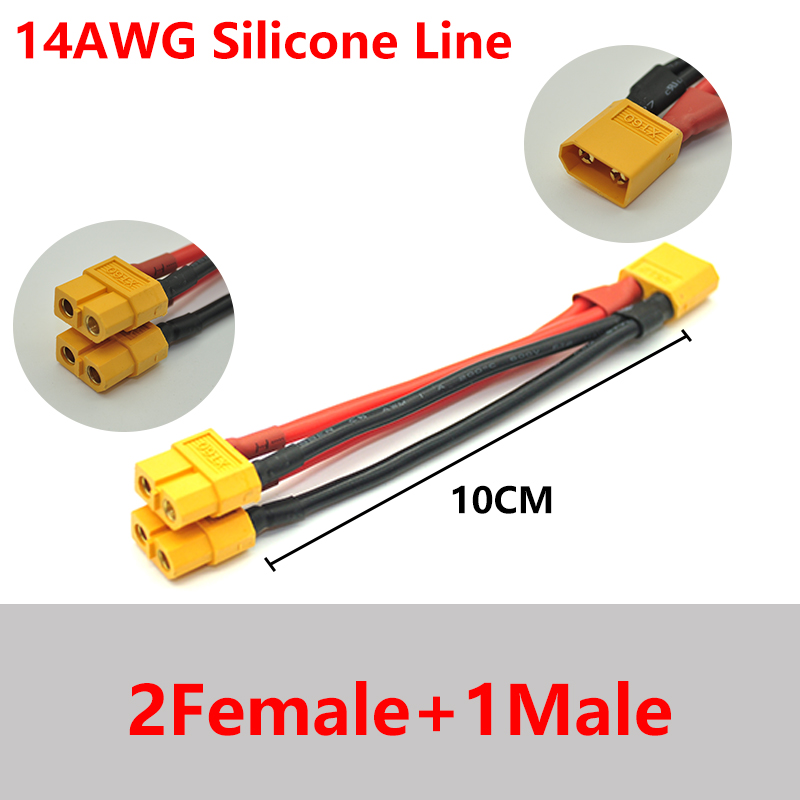 XT60 Parallel Battery Connector Male/Female Cable Dual Extension Y Splitter/ 3-Way 14AWG 10CM Silicone Wire for RC Battery Motor
