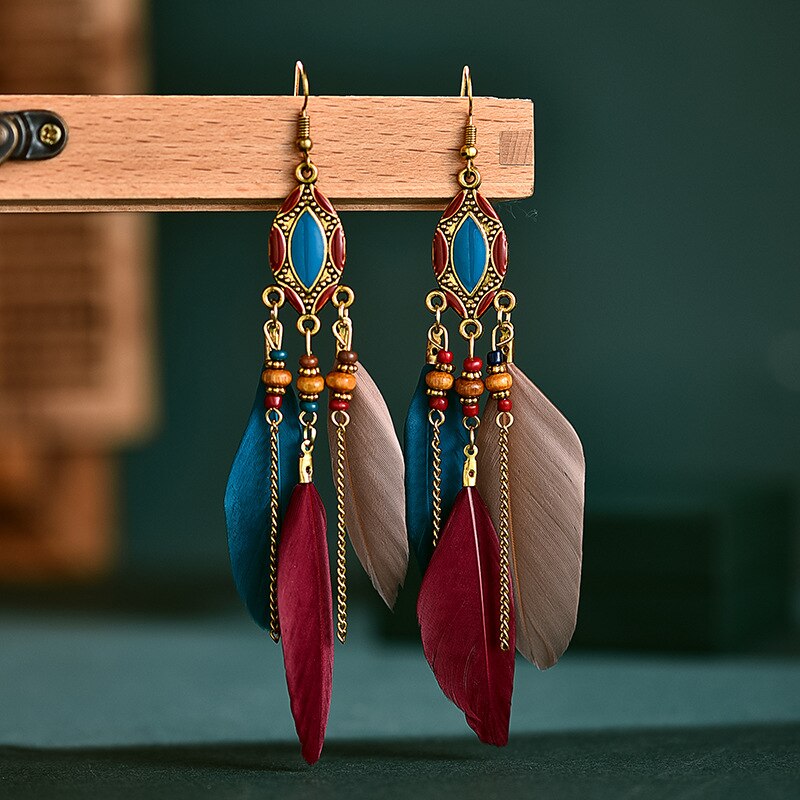 Etnische oorbellen met veren, damessieraden, bohemian zomerse metalen oorbellen met lange kwastjes, indiase sieraden