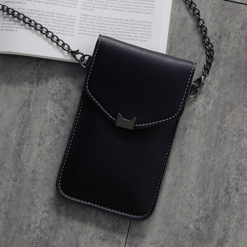 Bolso de teléfono móvil con orejas de gato para mujer, bolsa de mensajero con cadena, con solapa pequeña, estilo Retro, Simple, con pantalla táctil,: Negro