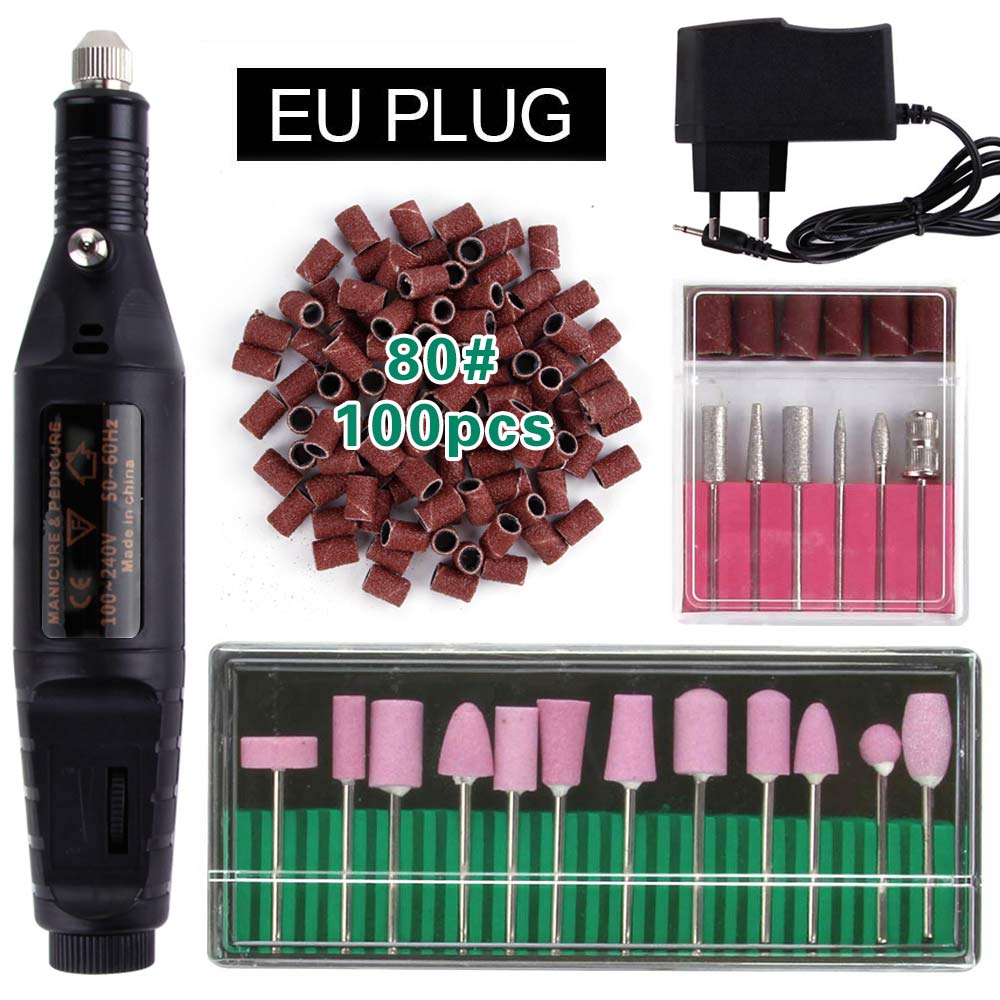Elektryczne aparaty do Manicure urządzenie do Pedicure kwarcowe wiertła do paznokci 100Pc szlifowanie taśmy szlifierskie pilnik do paznokci bufor żel usuń: Black EU Plug 80