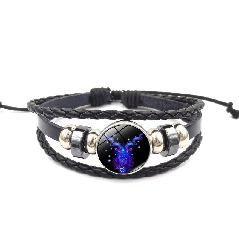 12 Constellation Zodiak Teken Blauw Glas Lederen Armband Ram Waterman Leeuw Maagd Geweven Glas Dome Sieraden Punk Mannen Armband: Capricorn
