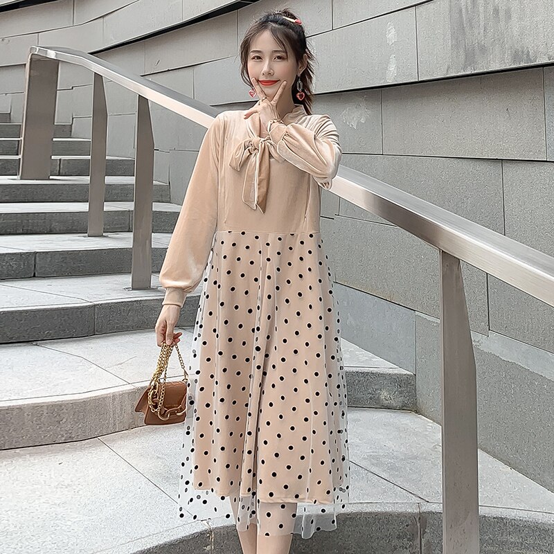 Abito per allattamento premaman invernale 2022 con fodera in velluto vestiti per allattamento a pois colletto con fiocco abito per allattamento al seno donna incinta