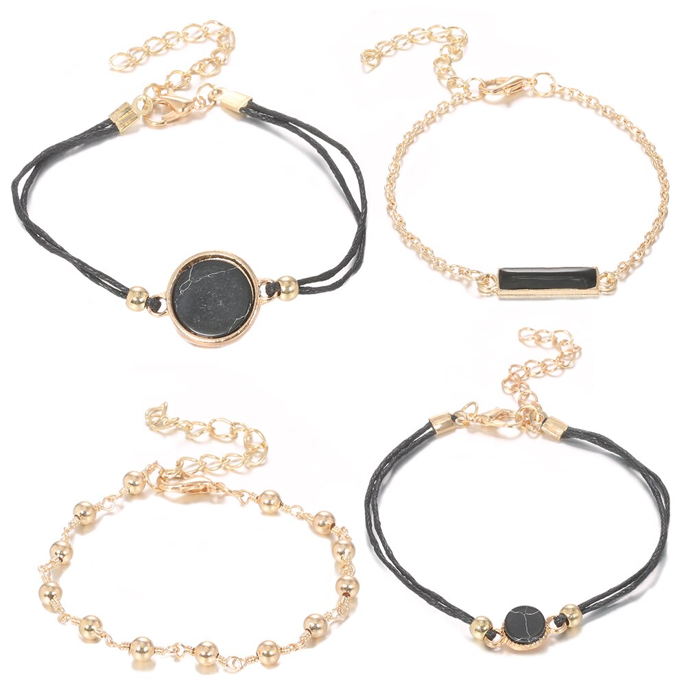 4 Pz/set Della Boemia Nero Rotondo di Cristallo Geometrica Borda I Braccialetti Per Le Donne Catena In Pelle Bracciale In Oro Set Monili di Personalità