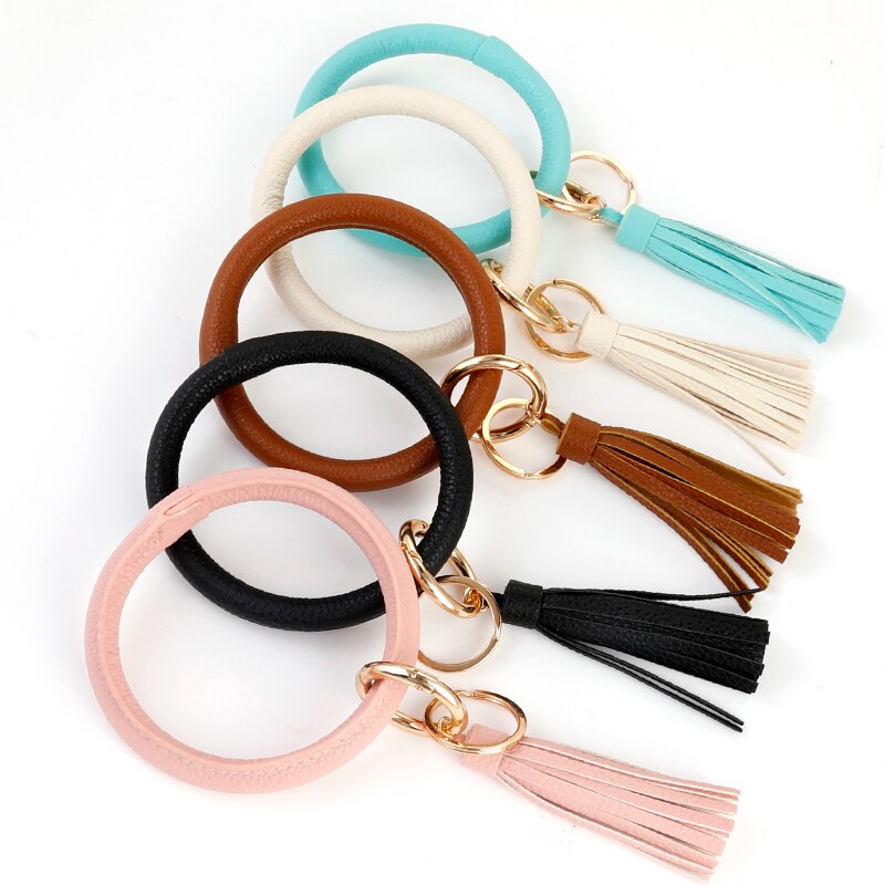 ALLYES Tassel Round Wristlet Keychain for Women Girls Charm Leather Bangles Key Chain Jewelry