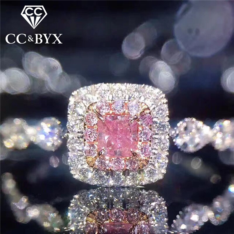 CC Charms-anillos de plata de ley 925 para mujer, joyería de Boda nupcial cuadrada rosa, accesorios de compromiso para mujer CC705