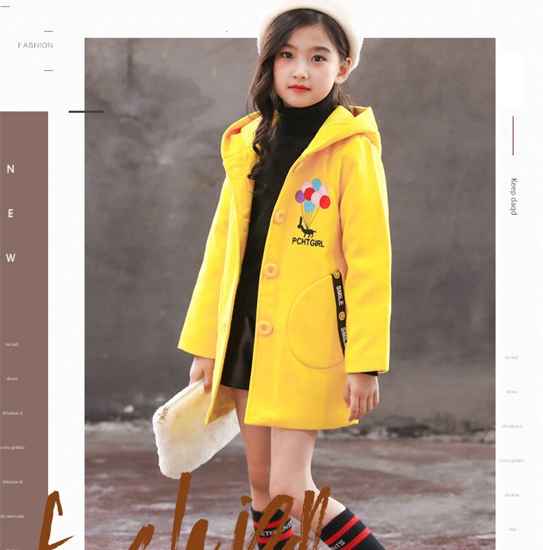 Piger ulden frakke uld blandinger lang sektion mellem og stor børnefrakke trend ballon uld frakke: Gul / 6t