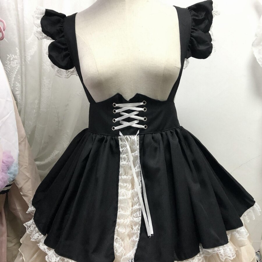 Robe de femme de chambre Lolita, Vintage, noire, blanche, gothique, japonaise, Kawaii, manches évasées, ensemble 2 pièces, Costumes d&#39;halloween Cosplay pour filles: Black Dress / M