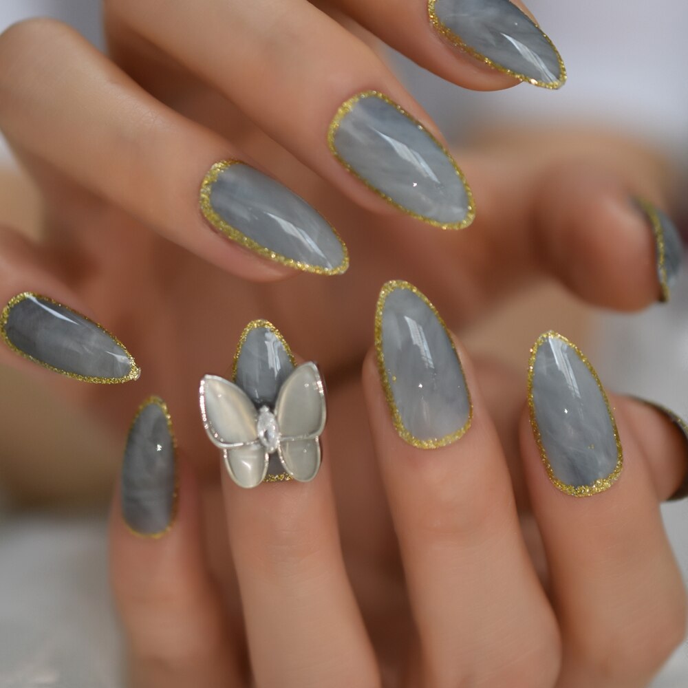 Legeret sommerfugl nail art falske negle marmor medium stilleto tryk på fingernegle med guld streg: L5639
