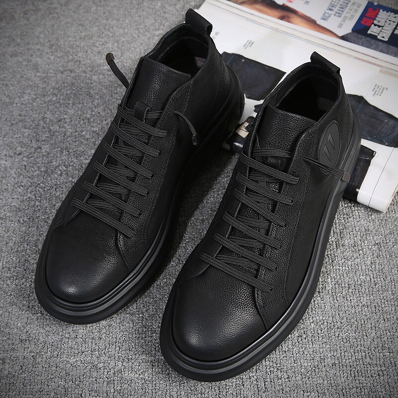 Helt sort læder herre fritidssko herre vulkaniserede sko herre sneakers åndbare forårssko nc -88
