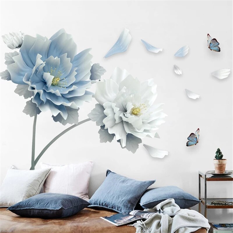 Große Weiß Blau Blume Lotus Schmetterling Abnehmbare Zauberstab Aufkleber 3D Zauberstab Kunst Decals Heimat Dekor Wandbild Kunst für Wohnzimmer schlafzimmer