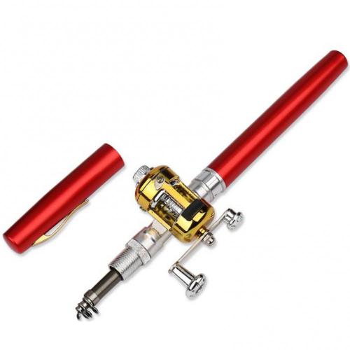 Portable Fishing Telescopic Pole Pen Shape Folded River Lake Rod with Reel Wheel: Red