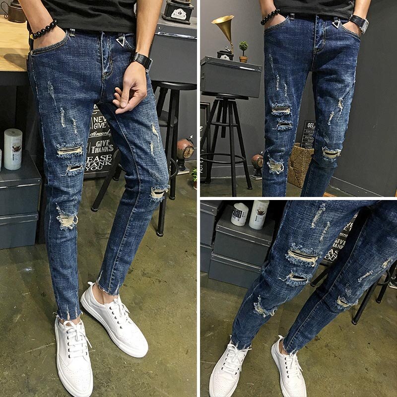 Jeans mandlige revet hul forår efterår ankel længde bukser teenagere koreanske slanke fødder skinny jeans mænd blyant bukser: 29