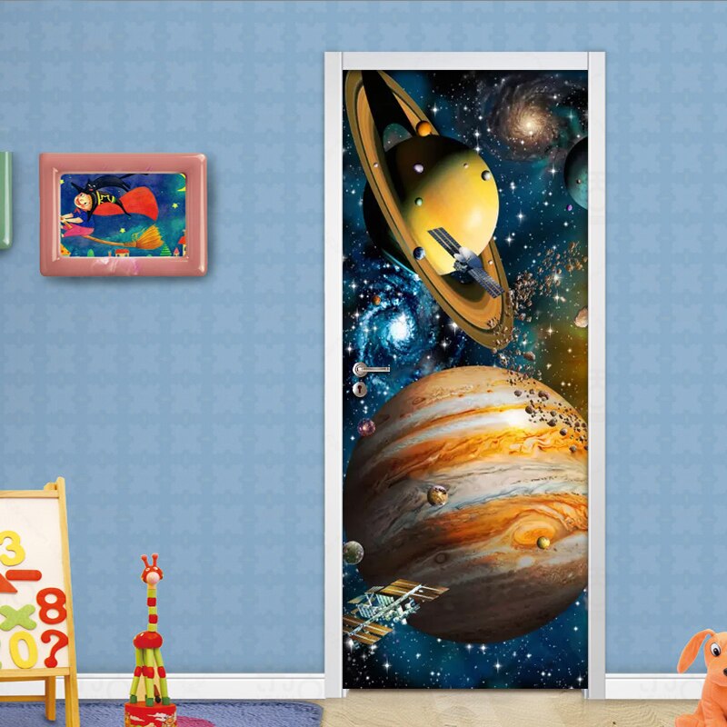 Selvklebende pvc dørklistremerke univers star sky planet 3d plakat fototapet for barnerom soverom dør veggmaleri klistremerker