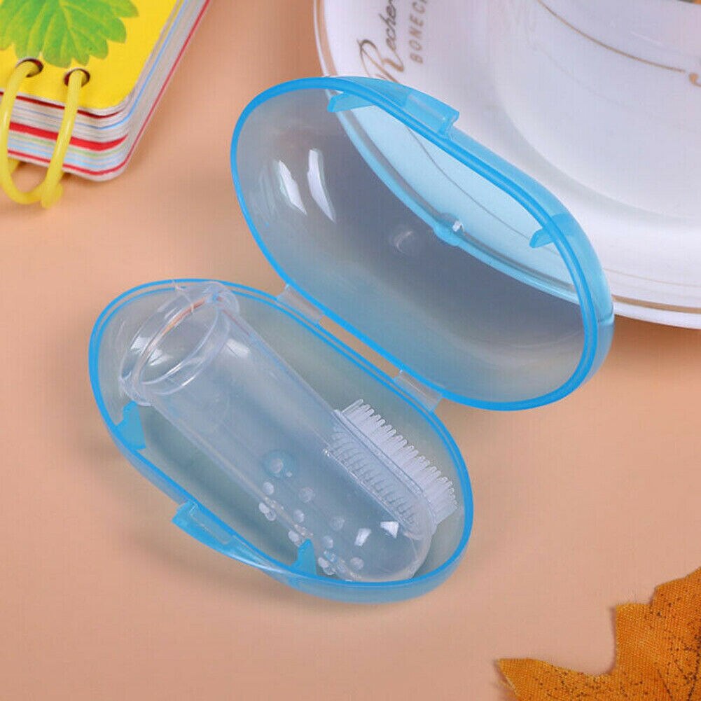 accesorios para bebé recién nacido Niño bebé conveniente cepillo de dientes portátil duradero con funda 1 piezas Juego de cepillo de dientes de tren de dedo: Azul