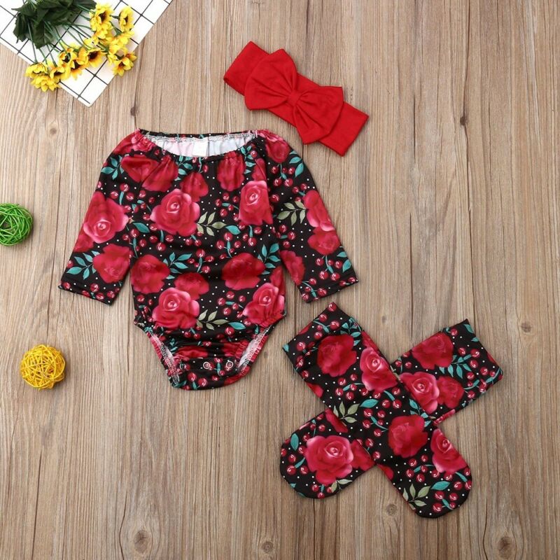 Newborn Kid Baby Girl Floral Clothes Off Shoulder Romper Socks Headband Outfit