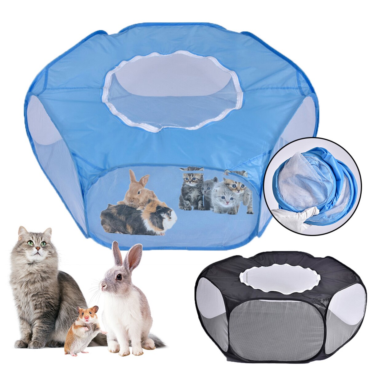 Newest Small Animal Cloth Fence Foldable Waterproof Pet Fence Cat and Dog with Sunroof Tent (Sky blue / Black)