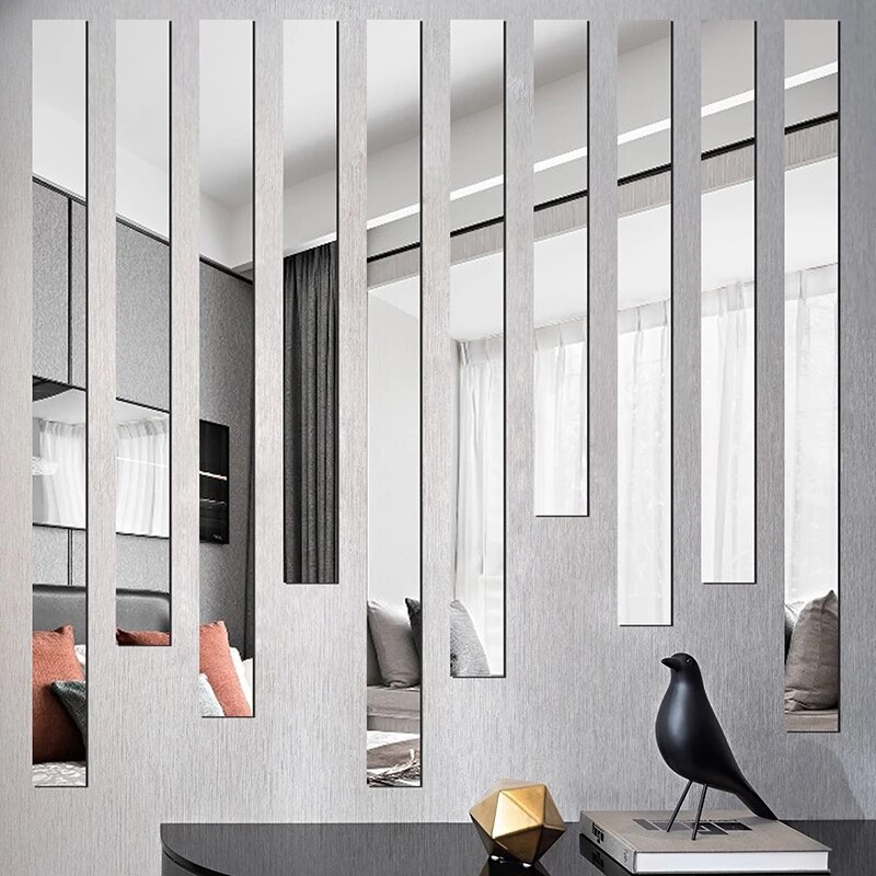 10pcs Long Rectangle Acrylic Mirror Wall Stickers Self Adhesive Removable Decals Living Room TV Back DIY Art Wall Decor