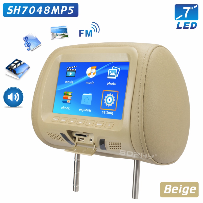 7 zoll Universal Auto Kopfstütze Monitor Automobil Hinten Sitz Unterhaltung Multimedia Video Player AV USB SD MP4 FM: SH7048-P5-Beige