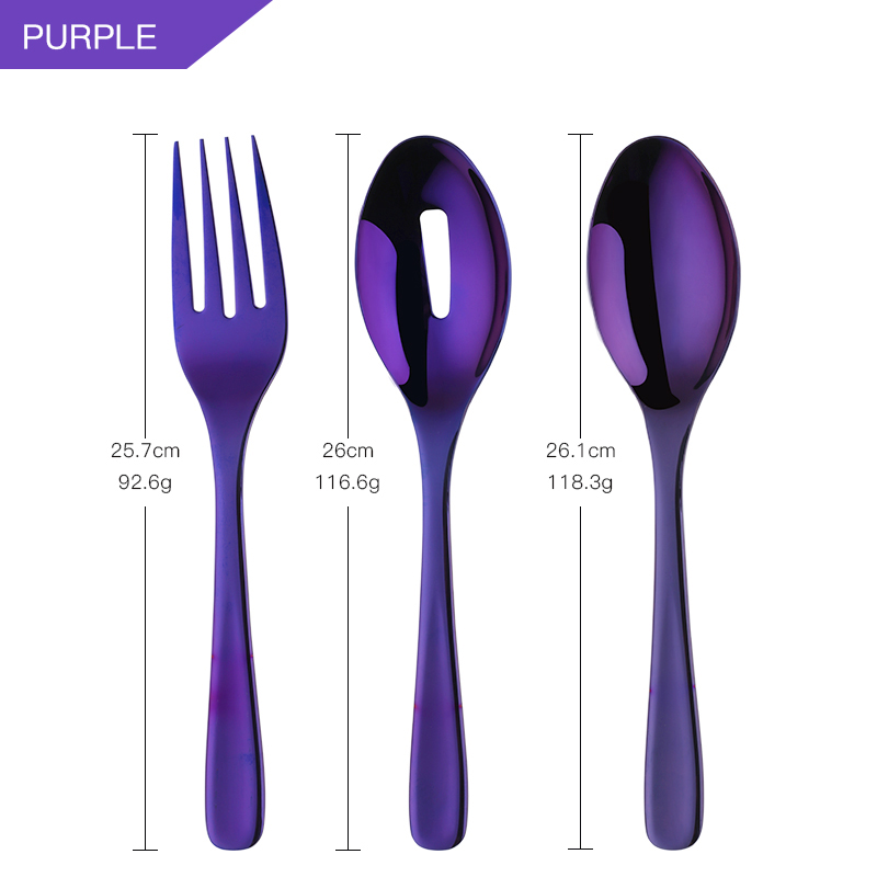 3Pcs/set 18/8 Stainless Steel Gold Flatware Big Size Long Handle Serving Salad Spoon/Fork/Colander Salad Set Kitchen Utensils: purple