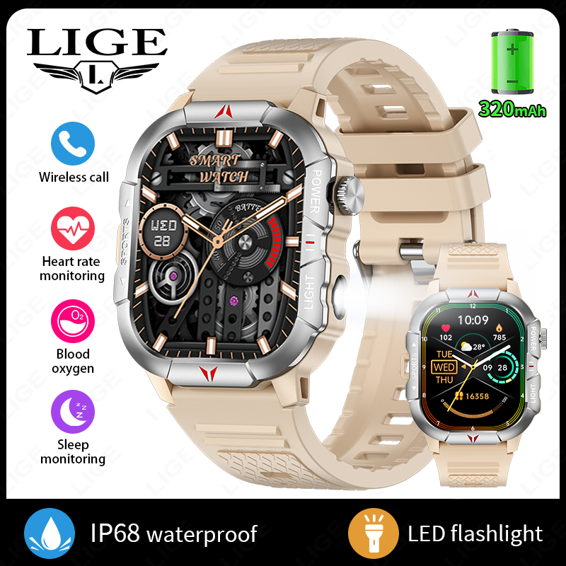LIGE inteligentny zegarek latarka doprowadziło męskie zegarki wodoodporne 2.01-calowy ekran HD bransoletka zdrowotna wojskowy Smartwatch sportowy na świeżym powietrzu mężczyzna: czarny