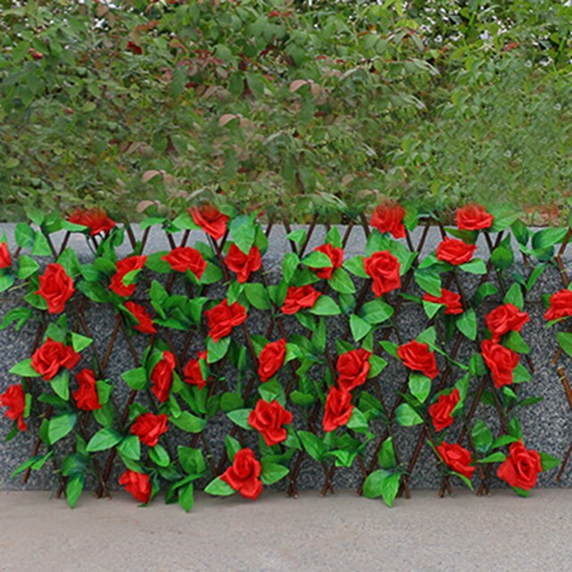 Telescopic Fence Artificial Rose Flower Garden Wall Privacy Fence Outdoor Garden Backyard Balcony Leaf Wood Telescopic Fence: Red