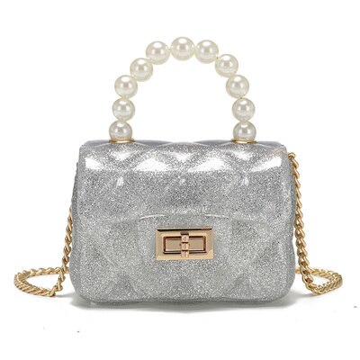 ¡Verano ! Mini monedero de PVC para niñas, apto tanto para adultos como para niños, bolsos de cadena cruzada al cuerpo para bebés: Gray with pearl