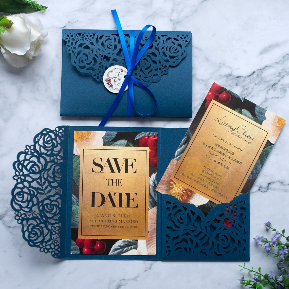 Tarjetas de boda de estilo de lujo, postales para guardar la fecha, decoración , suministros para fiestas y tarjetas de felicitación de Año: PEACOCK BLUE