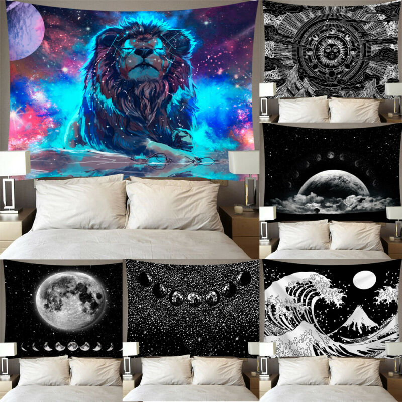 Tapiz para colgar en la pared, tapiz de poliéster con estampado de estrellas y Luna, decoración de pared para el hogar, tapices psicodélicos