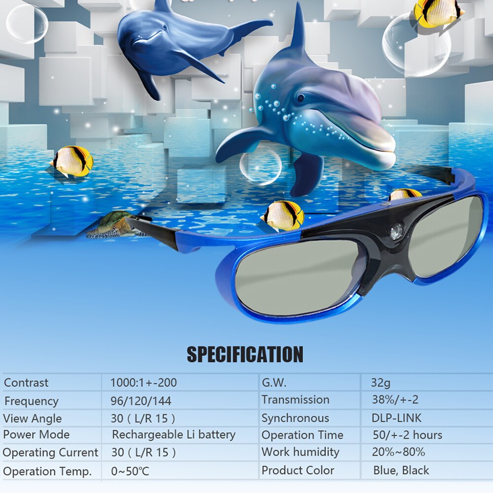 DLP Link 3D Glasses Active Shutter Projector Glasses Rechargeable for Optoma Acer BenQ ViewSonic Sharp Dell