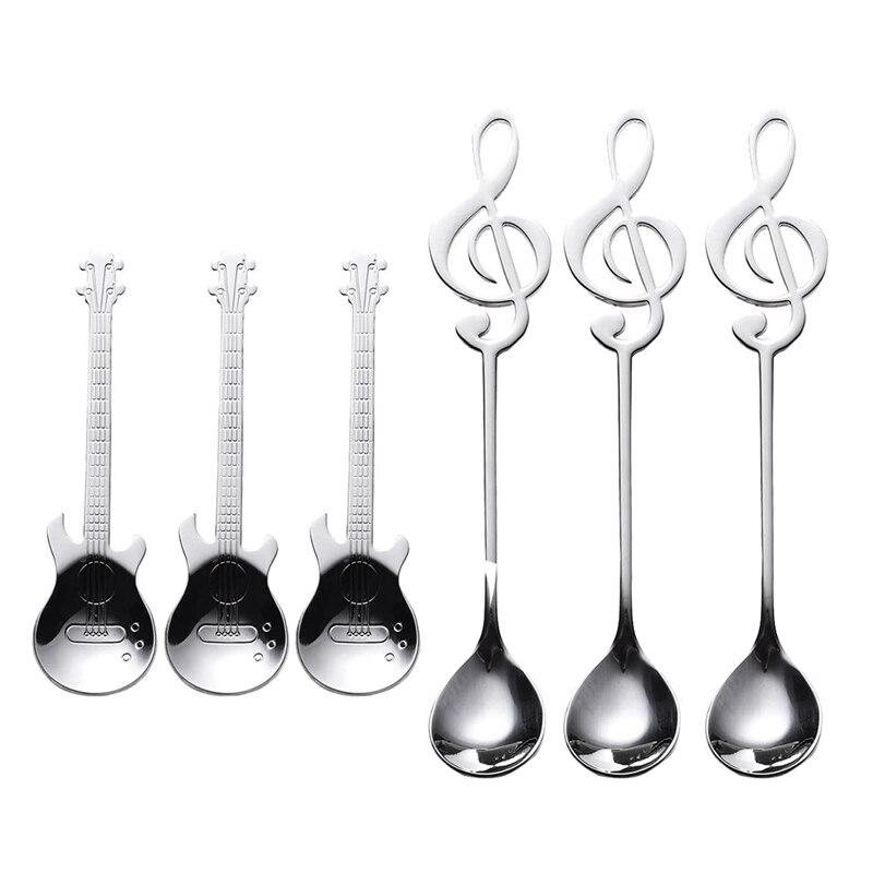 Cucharas de café para guitarra, paquete de 6 cucharas creativas y bonitas de acero inoxidable con forma de notación Musical (3 + 3 notas musicales guitarras): Default Title