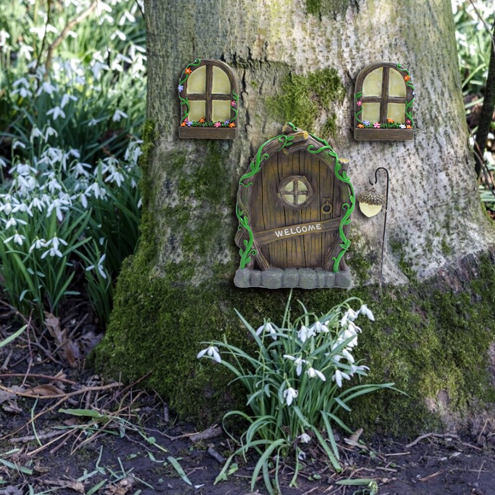 Resin Miniature Fairy Gnome Window Door Elf Garden Sculpture Statues Tree Decor for Yard Art Sculpture Statue Outdoor Decor