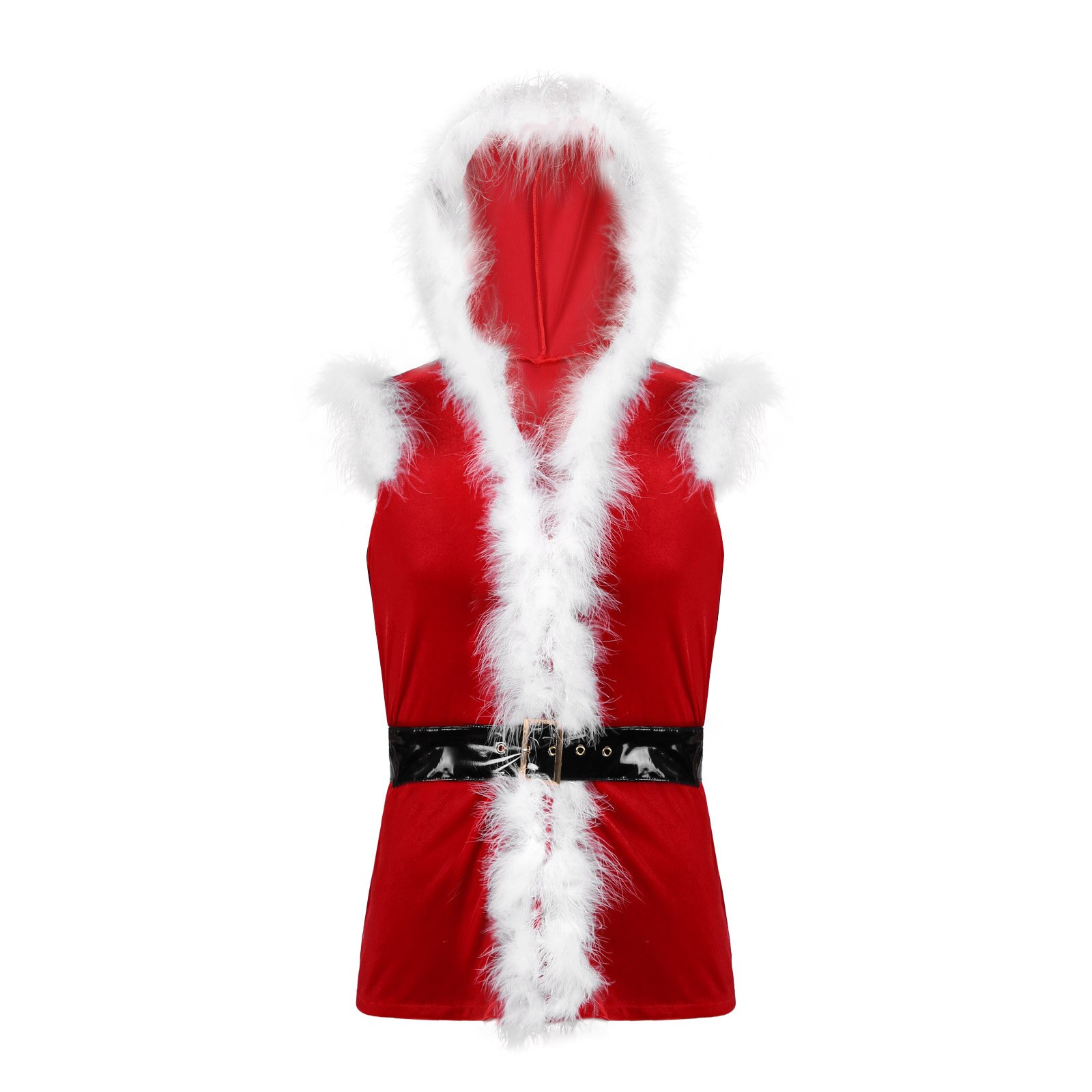 Men Red Soft Velvet Hooded Vest Waistcoat Sleeveless Faux Fur Trim Christmas Costume Party Santa Claus Cosplay Dress Up: M