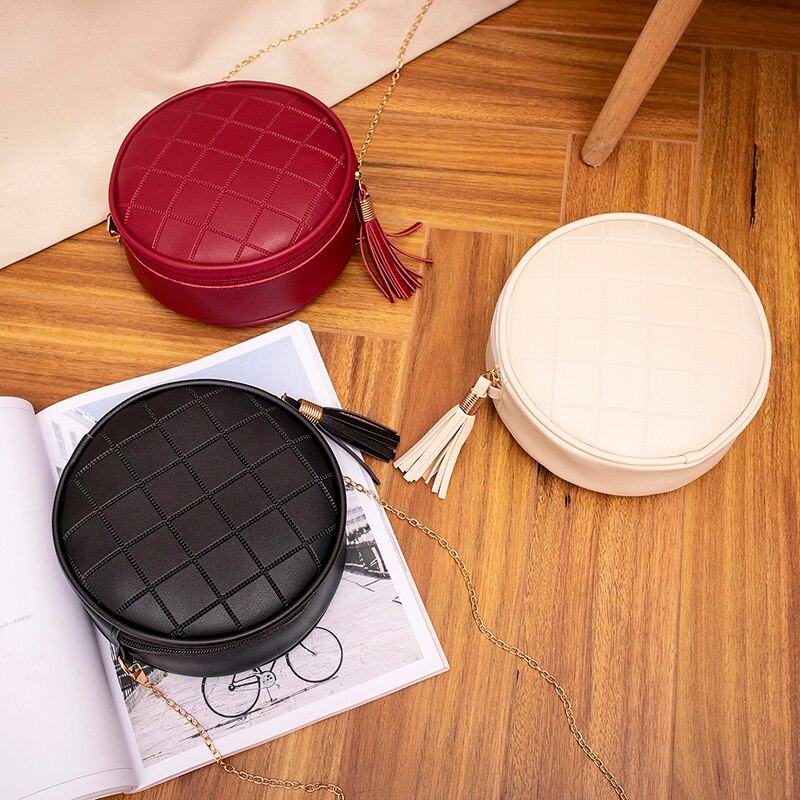 Women Round Bags Solid Color Plaid Shoulder Handbags Women Small Round Tassel Crossbody Bags for Women Purses Clutches