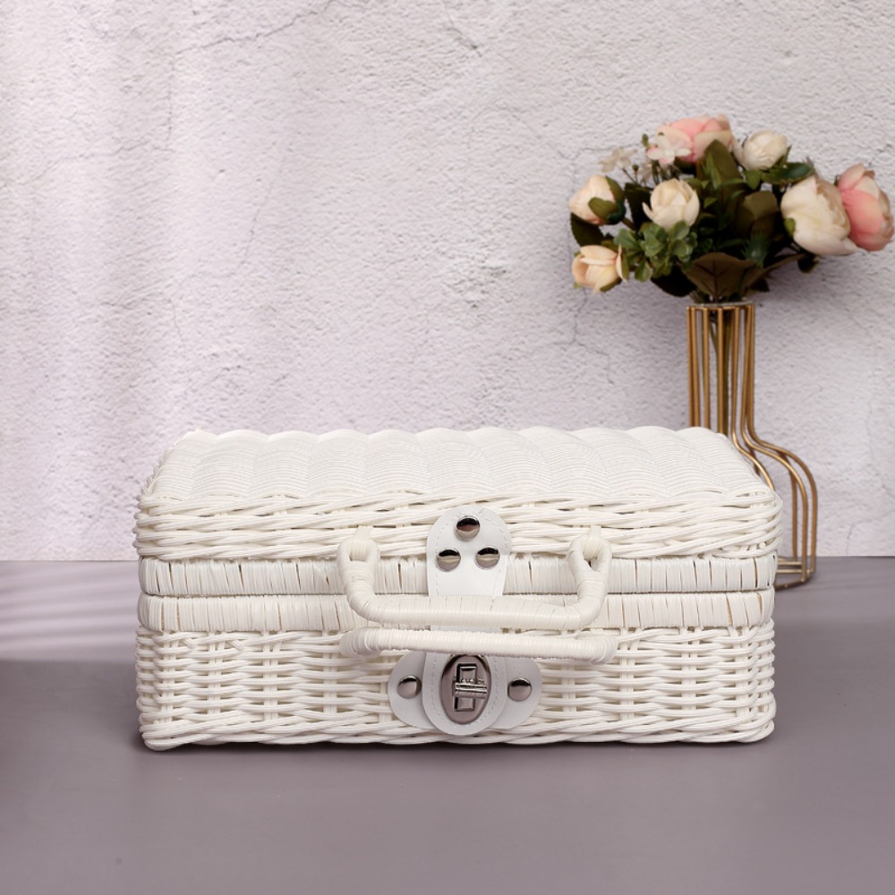 Caja de tejida, caja de almacenamiento de mimbre tejida de simulación, Retro con asa, maleta de boda, cestas tejidas para Picnic en el hogar, boda: naranja