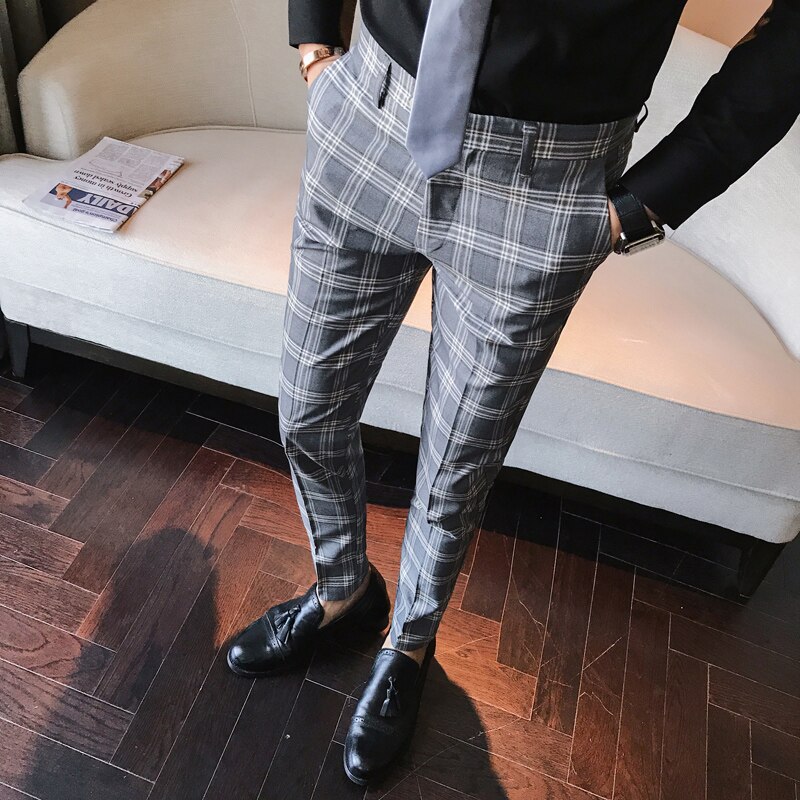 Miesten rento ruudullinen sininen harmaa slim fit housut brittiläiset housut mix väri puku housut nilkkapituus  x34
