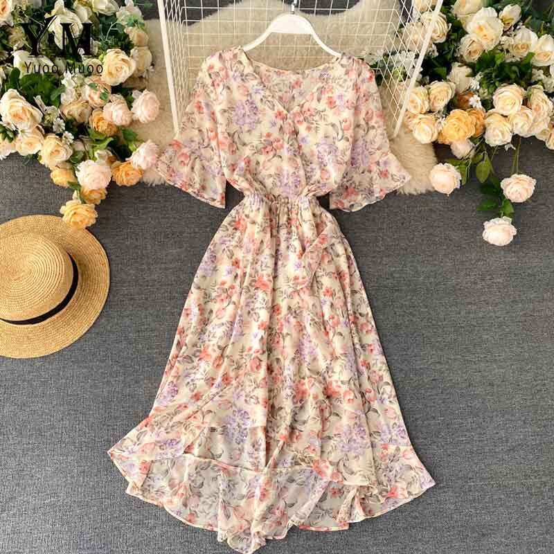 Yuoomuoo Bloemenprint Tube Chiffon Jurk Vrouwen Mode Elastische Taille Ruches Midi Jurk Zomer Lady Chic Strand Jurk: Paars