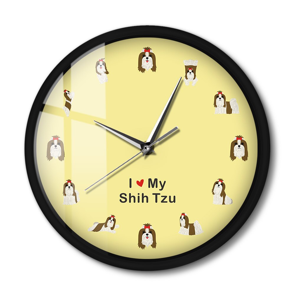 Shih Tzu Nursery Animal LED Wall Clock Chinese Lion Dog Sound Activated Night Light Lamp Metal Frame Silent Timepiece