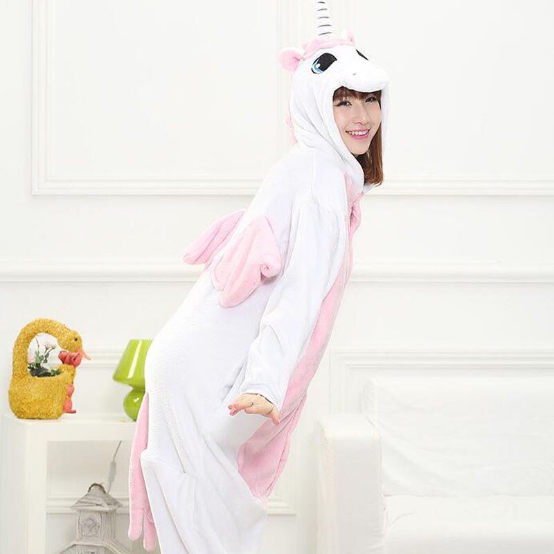 Pink White Unicorn Onesie Women Girl Animal Kigurumis Flannel Sleep Jumpsuit Cute Funny Overalls Winter Warm Suit Adult Child