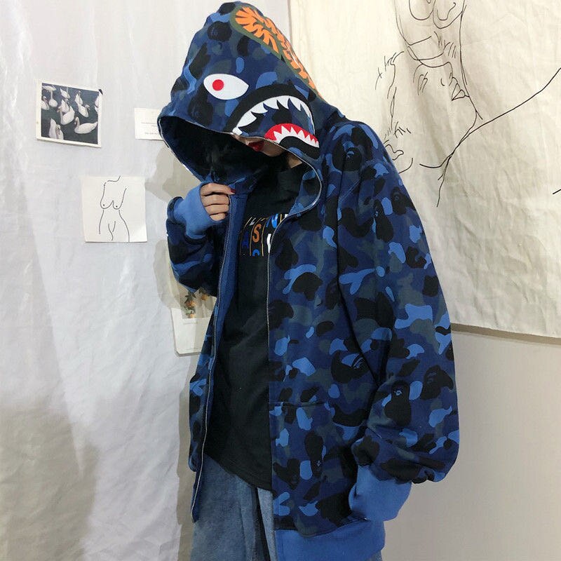 Fmzxg waitmore haj camouflage hættetrøje tilgængelig hip-hop løst par fritid løstsiddende slouchy jakke: Blå / Asian-m (eur s)