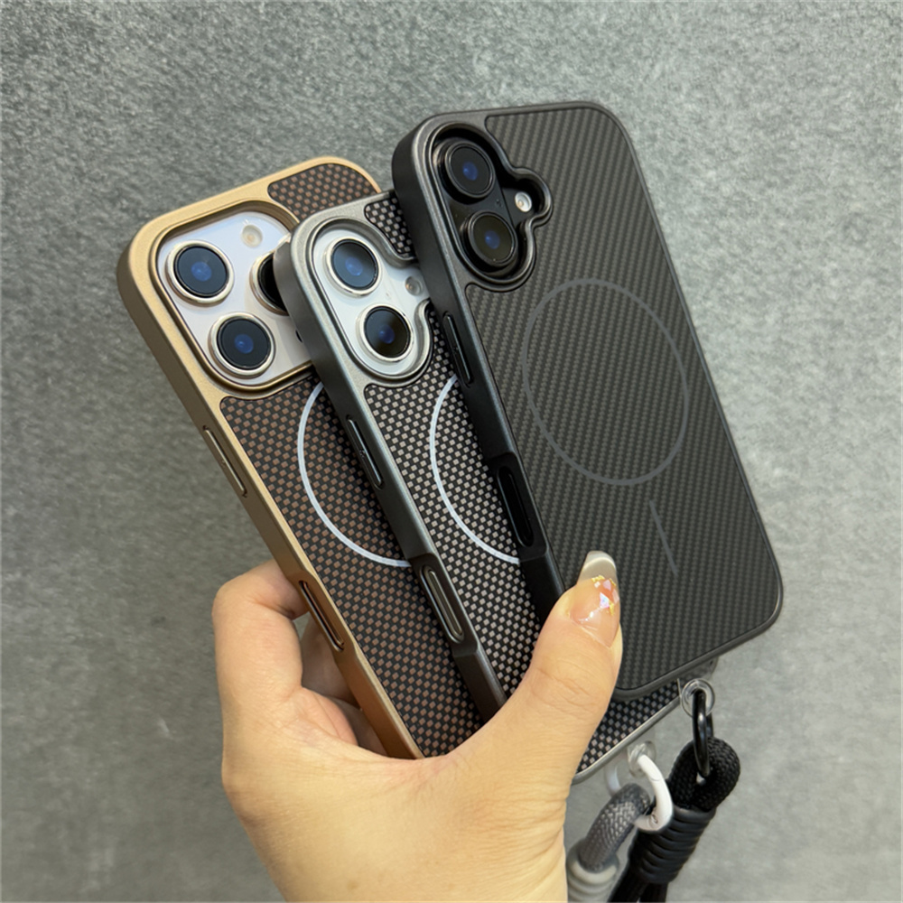 Luxury With Lanyard Kevlar Pattern For Magsafe Phone Case For iPhone 16 15 14 13 12 Pro Max Magnetic Wireless Charging Cover