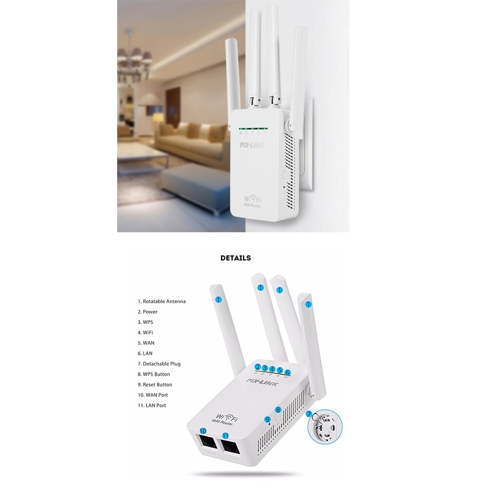 1200Mbps WiFi Range Extender Repeater Wireless Amplifier Router Signal Booster Home Communication System Black/White