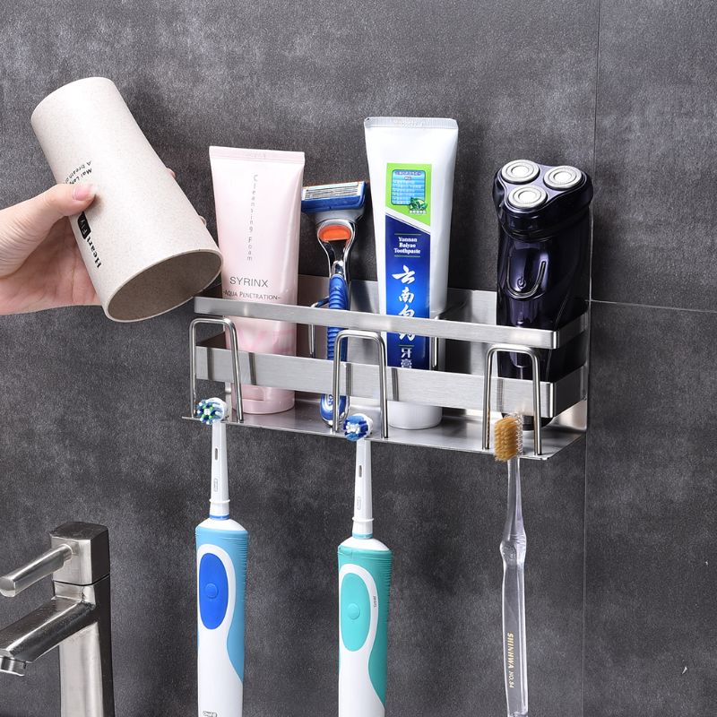 Stainless Steel Toothbrush Holder Toothpaste Stand Rack Adhesive Bathroom Organizer