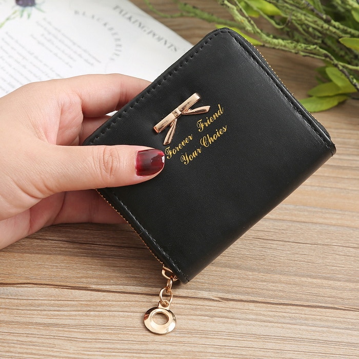 Cartera informal de con lazo y cremallera para mujer, funda para tarjetas de crédito y documentos de identidad XB228: Black