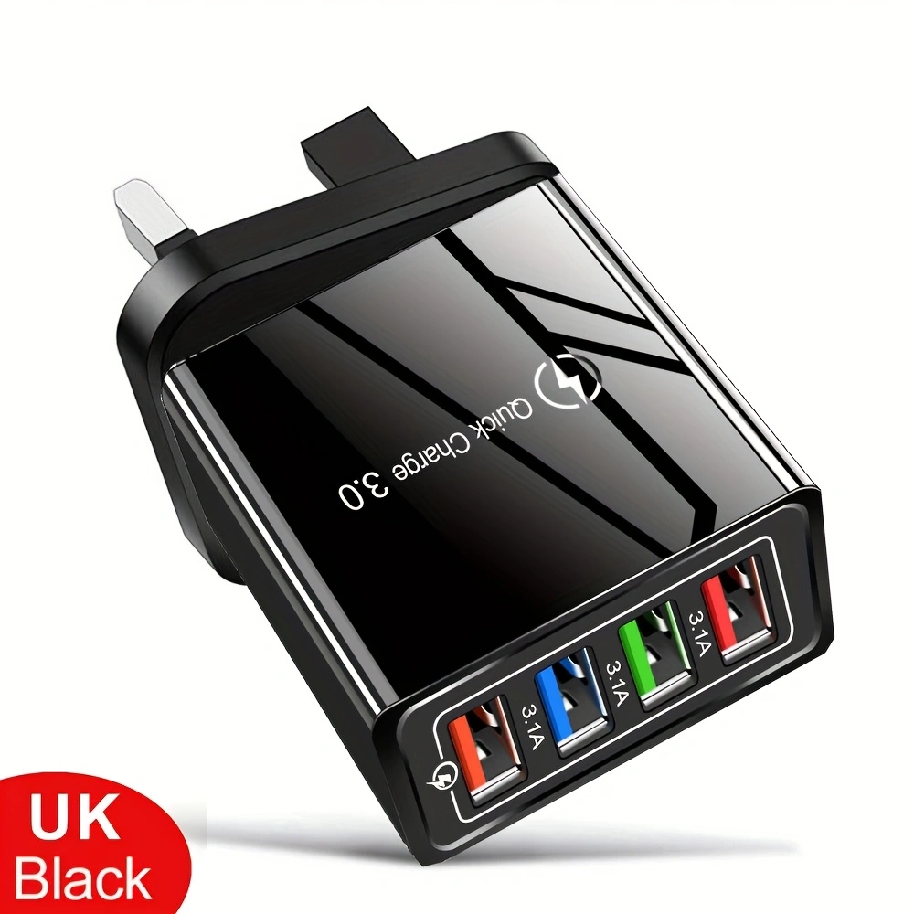 Cargador USB multipuerto de carga rápida 3,0, adaptador de teléfono, tableta, cargador de pared portátil, enchufe europeo y estadounidense, 3A, 4 USB: Reino Unido