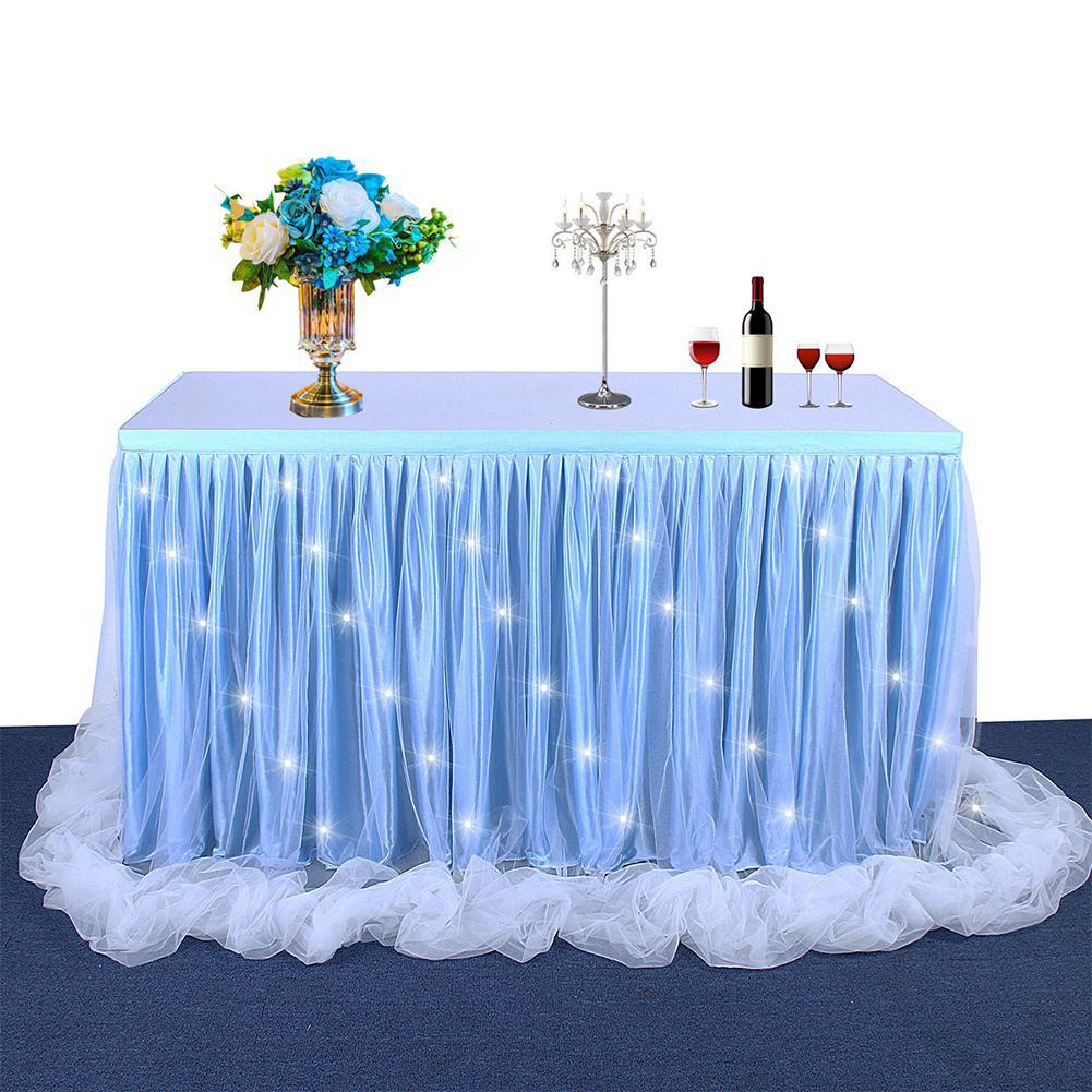 Thread Ribbon Table Skirt with LED Light for Wedding Party Decoration: 9FT x 30in / Blue