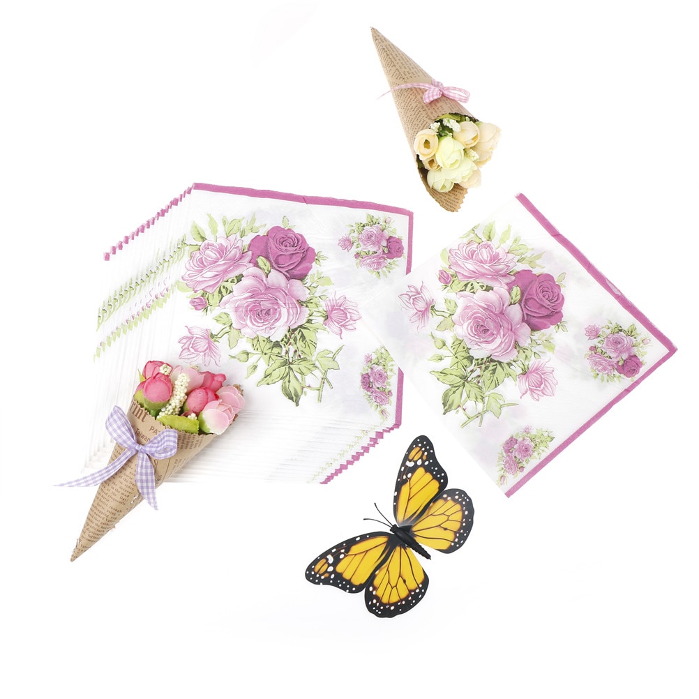 20pcs/pack 33cm*33cm Rose Paper Napkin Flower Festive & Party Tissue Napkins Decoupage
