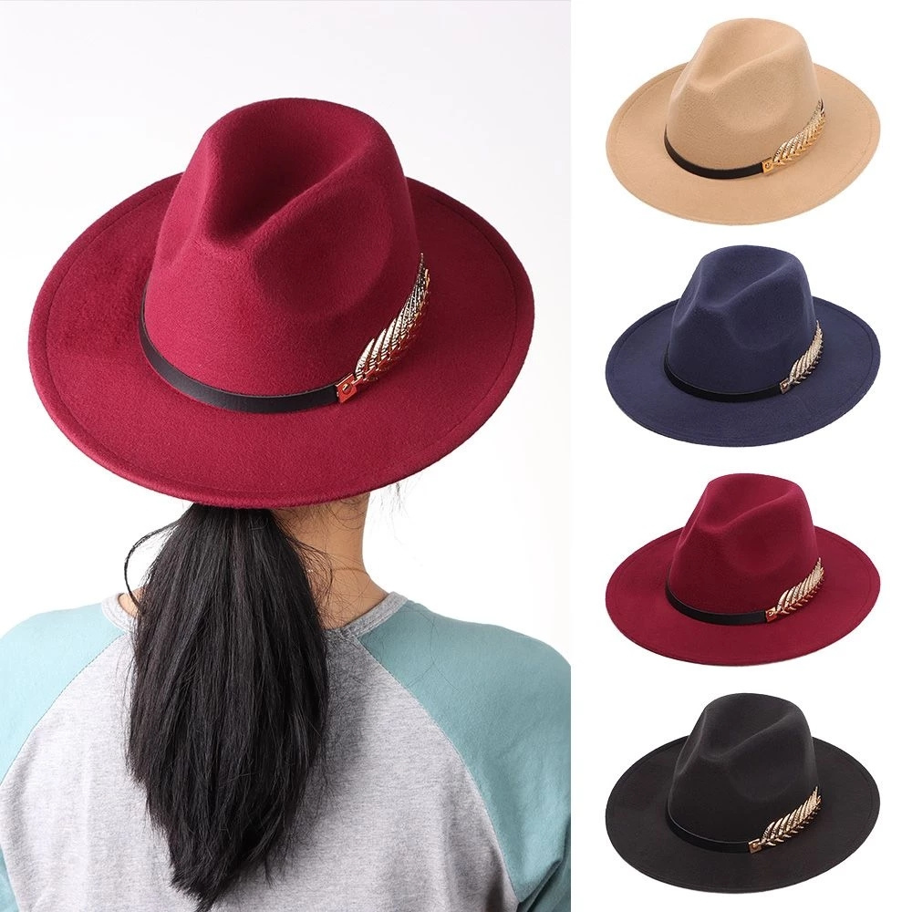 Fedoras Big Brim Hats For Women British Style Vintage Church Hats Lady Flat Brim Fedoras Autumn Winter Women Felt Decoration Hat
