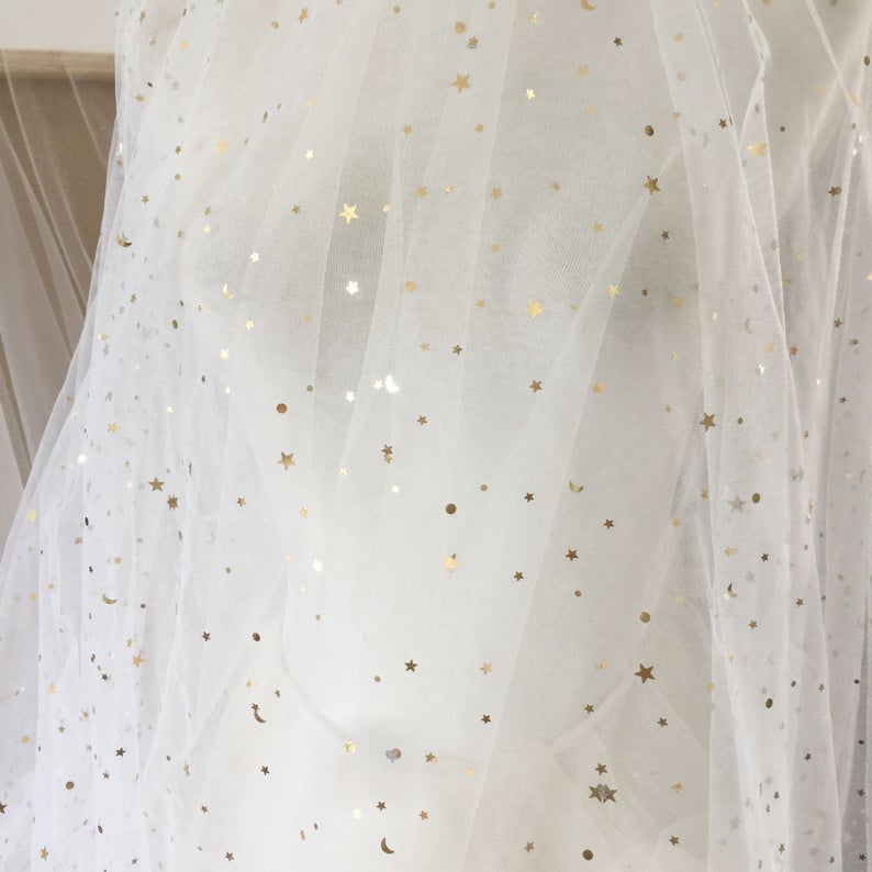 5 yards off white black tulle lace fabric with gold silver stars, bridal gown wedding dress fabric veils tutu dress 150cm wide